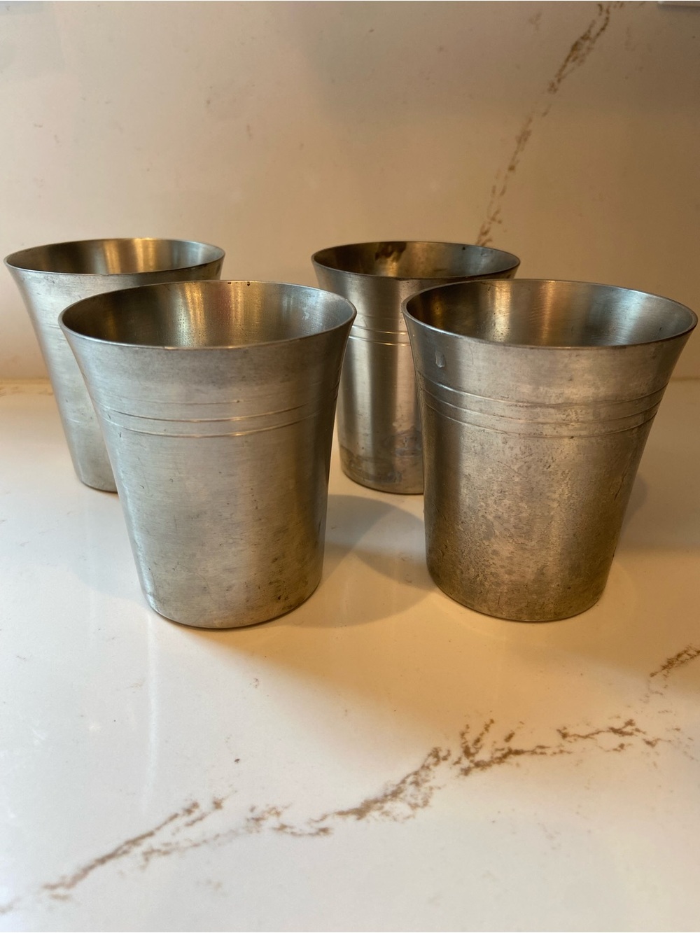 Vintage Pewter Cups Set Of (4)  Marked Old World Pewter 3” Cups Mid-century